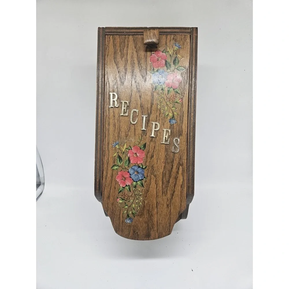 Vintage Wall Mounted Wooden Recipe Box w Fold-out Door
